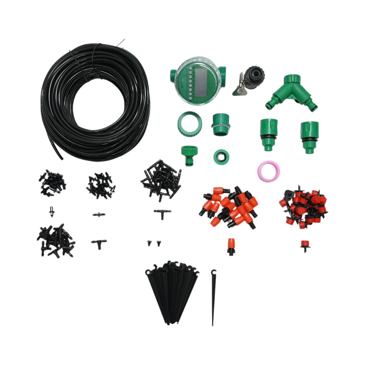Complete irrigation kit for drip and spray with a 41m hose, timer, nozzles, connectors, fixing stakes 147 pieces